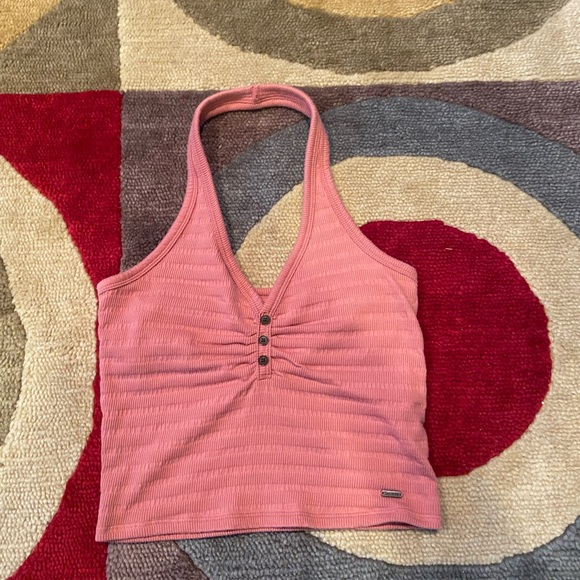 Hollister Tops - Hollister Henley Pink Ribbed Button Halter Cropped Tank Top Shirt Built in Bra S